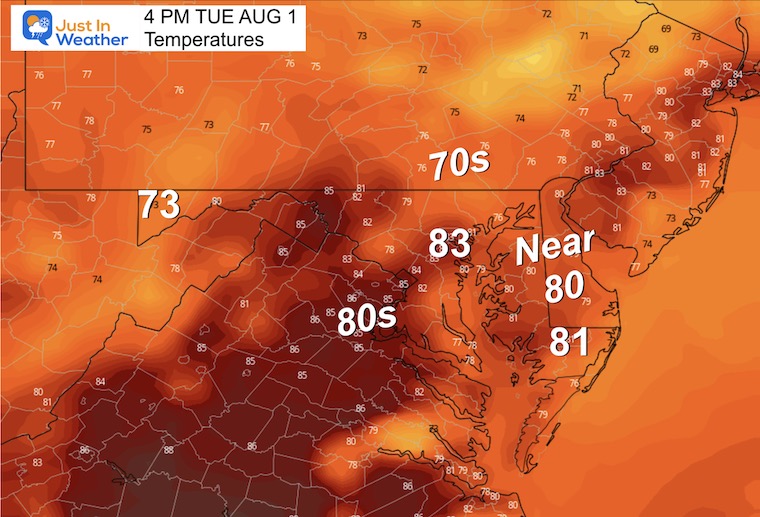July 31 weather forecast temperatures Tuesday afternoon