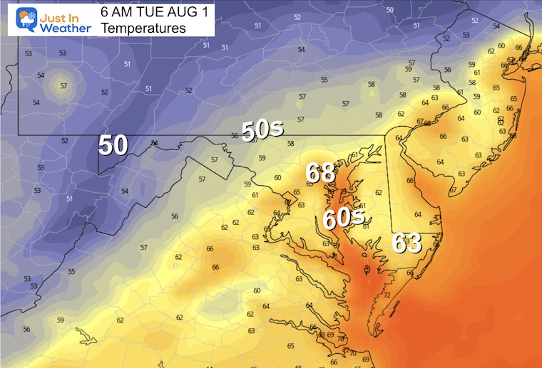 July 31 weather forecast temperatures Tuesday morning