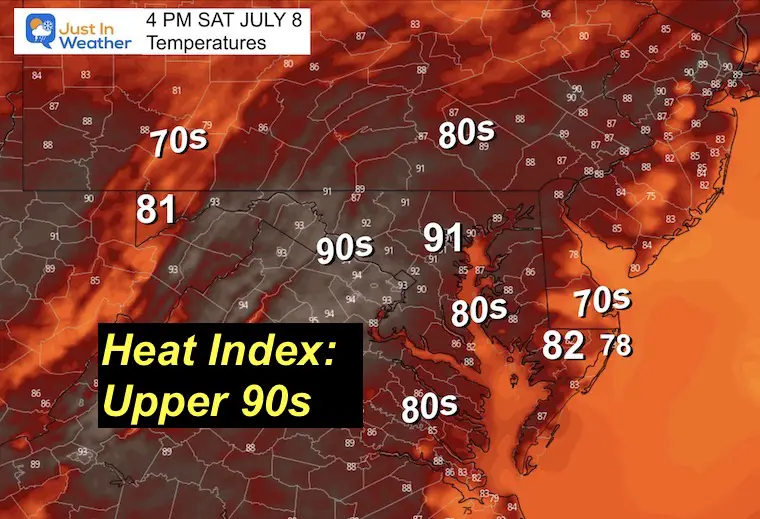 July 8 weather forecast temperatures Saturday afternoon