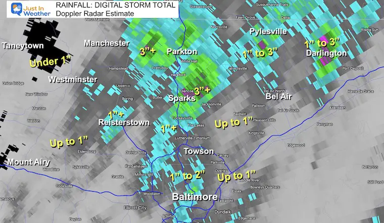 Rainfall total July 9 Baltimore Maryland