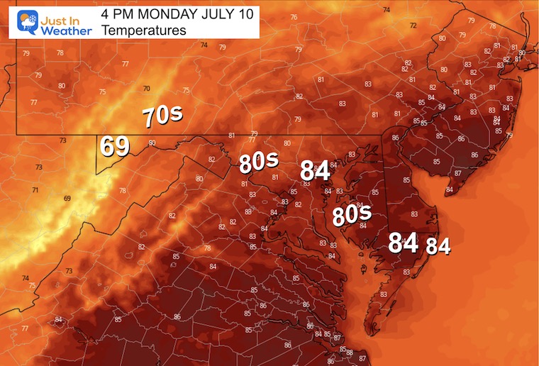 July 9 weather temperature forecast Monday afternoon