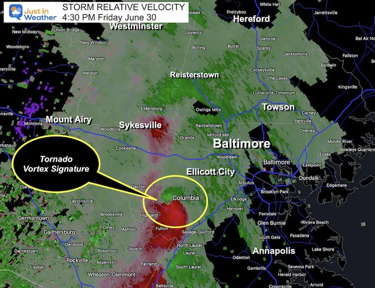 Storm radar Velocity Maryland June 30 tornado