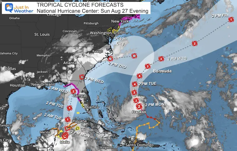 August 27 Tropical Storm Idalia and Hurricane Franklin forecast tracks