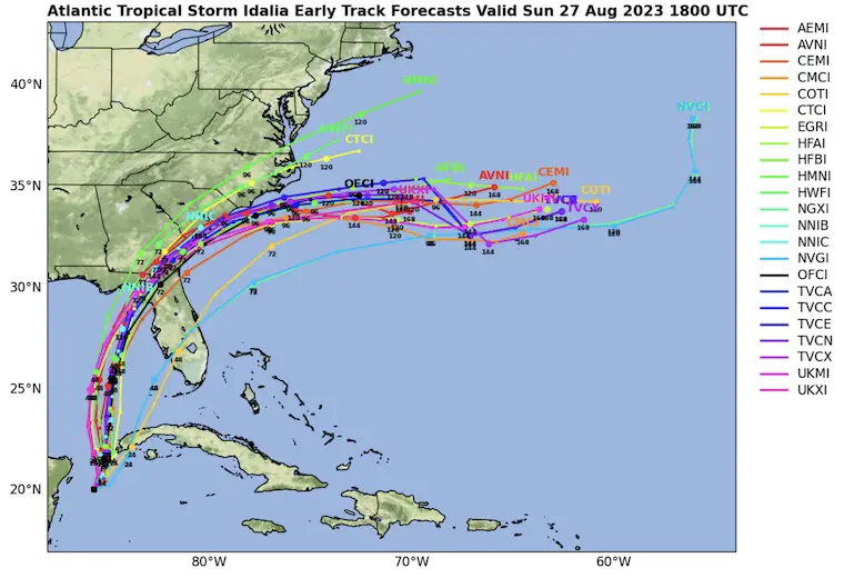 August 27 Tropical Storm Idalia forecast track computer guidance