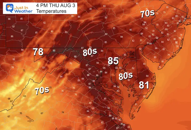 August 3 weather forecast temperatures Thursday afternoon