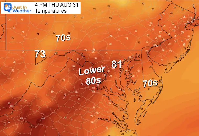 August 30 weather forecast temperatures Thursday afternoon