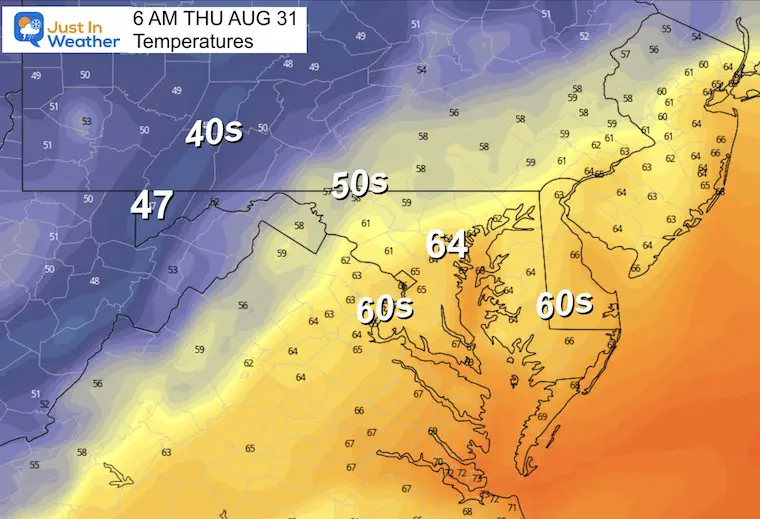 August 30 weather forecast temperatures Thursday morning