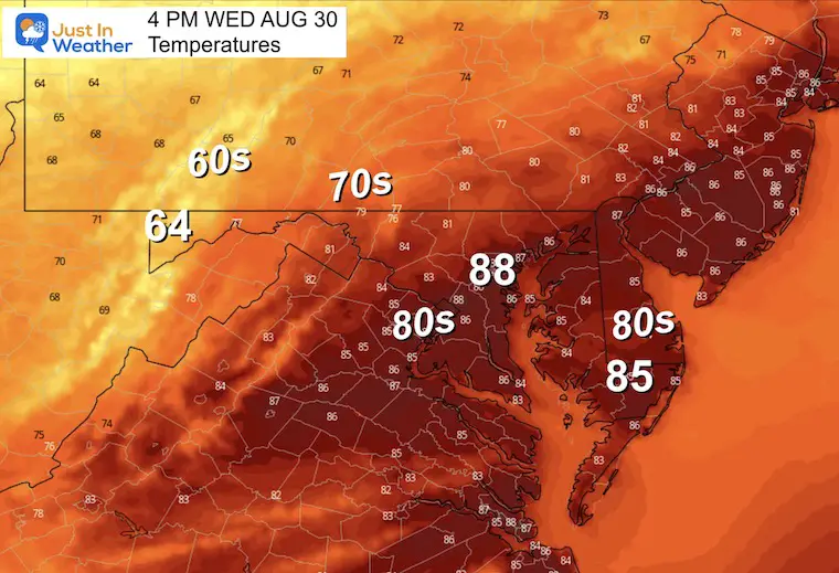 August 30 weather forecast temperatures Wednesday afternoon