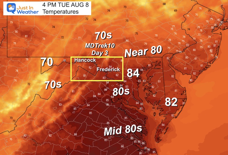 August 8 weather forecast temperatures Tuesday Afternoon