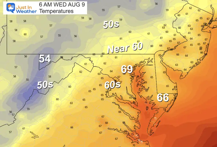 August 8 weather forecast temperatures Wednesday Morning