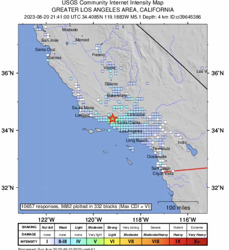 USGS Shake Map Earthquake August 20 California