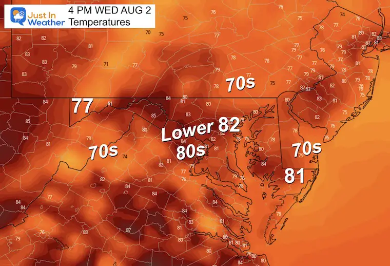August 1 weather forecast temperatures Wednesday afternoon