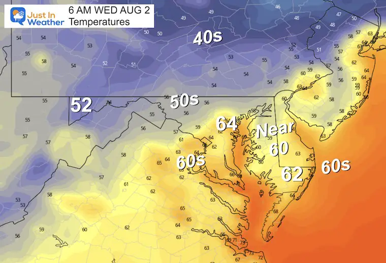 August 1 weather forecast temperatures Wednesday morning