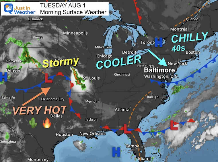 August 1 weather map Tuesday morning