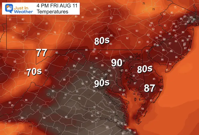 August 10 weather forecast temperatures Friday afternoon