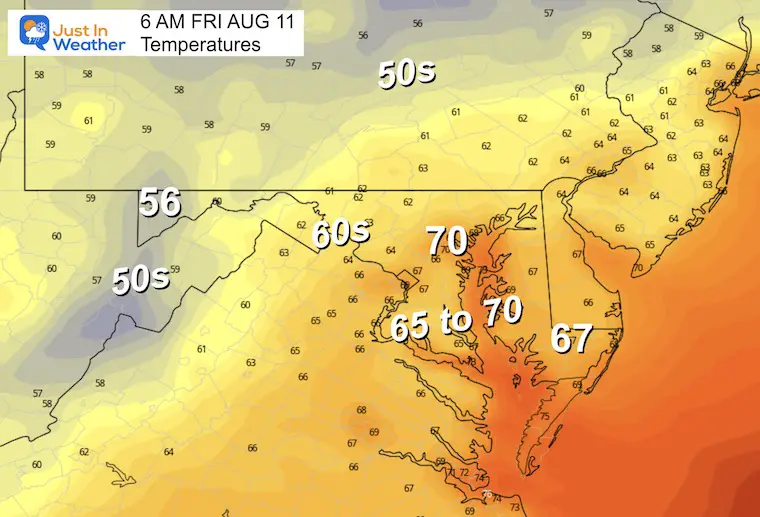 August 10 weather forecast temperatures Friday morning