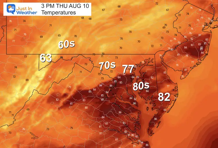 August 10 weather forecast temperatures Thursday afternoon