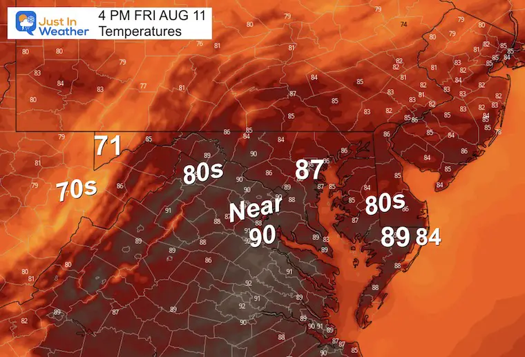 august 11 weather forecast temperatures Friday afternoon