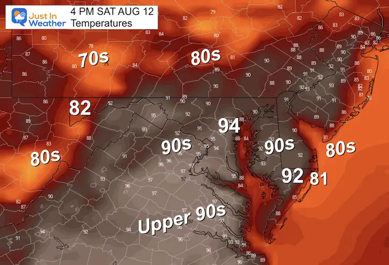 August 11 weather forecast temperatures Saturday Afternoon