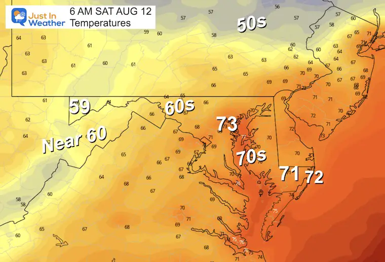 August 11 weather forecast temperatures Saturday morning
