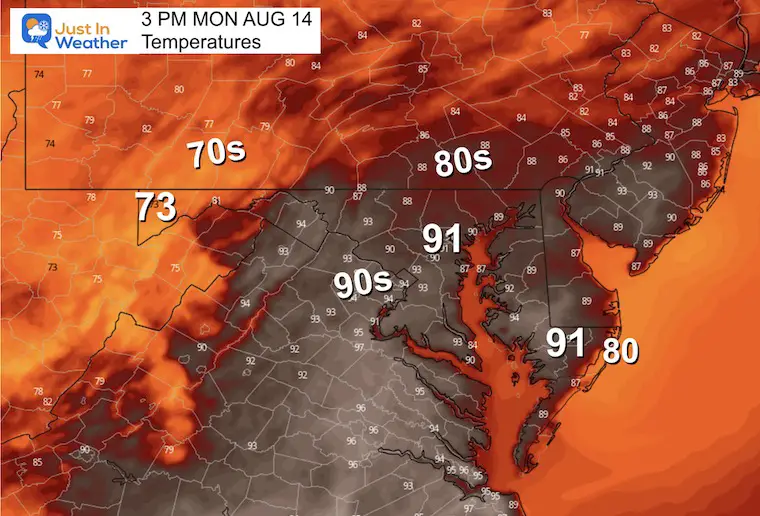 August 14 weather forecast temperatures Monday afternoon