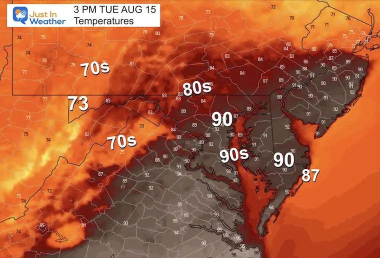 August 14 weather forecast temperatures Tuesday afternoon
