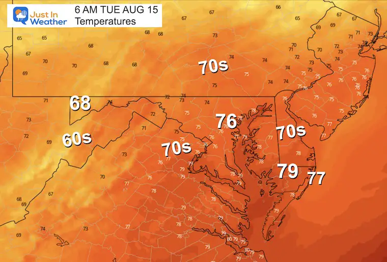 August 14 weather forecast temperatures Tuesday morning