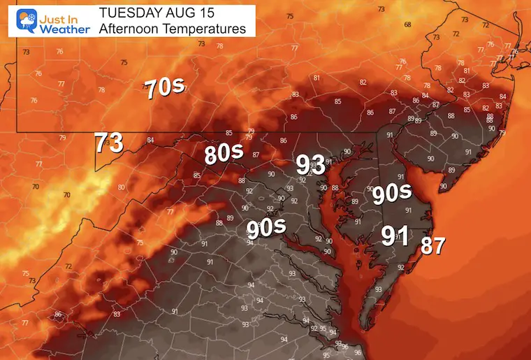 August 12 weather forecast temperatures Tuesday afternoon