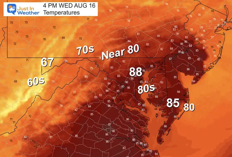 August 12 weather forecast temperatures Wednesday afternoon