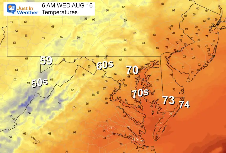 August 12 weather forecast temperatures Wednesday morning