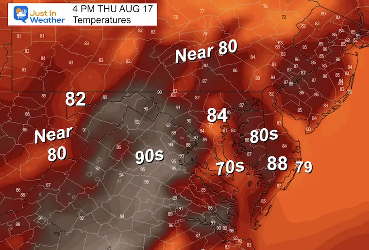 august 16 weather forecast temperatures Thursday afternoon