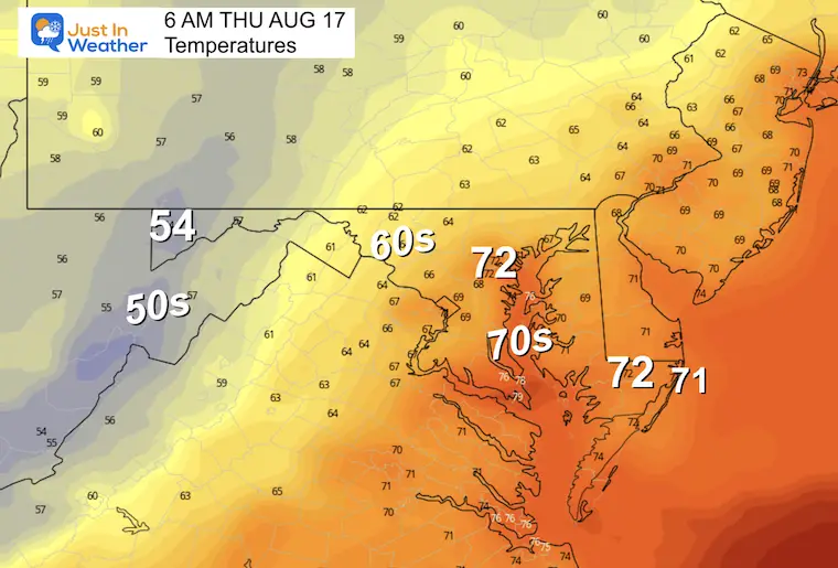 august 16 weather forecast temperatures Thursday morning