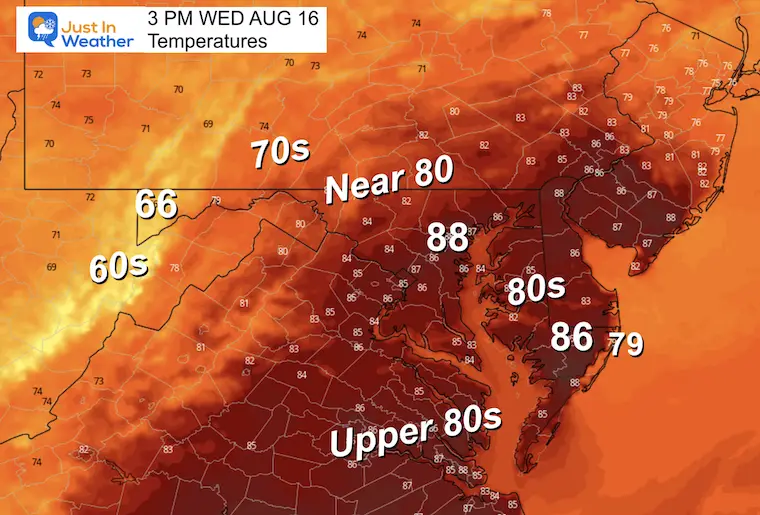 august 16 weather forecast temperatures Wednesday afternoon