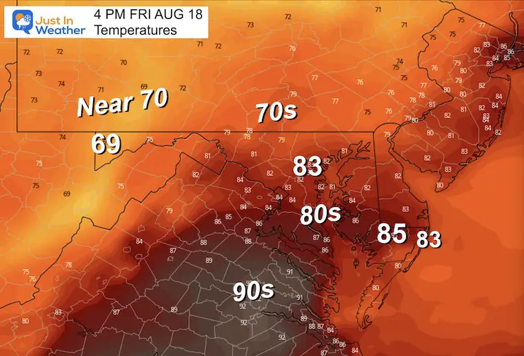 August 17 weather forecast temperatures Friday afternoon