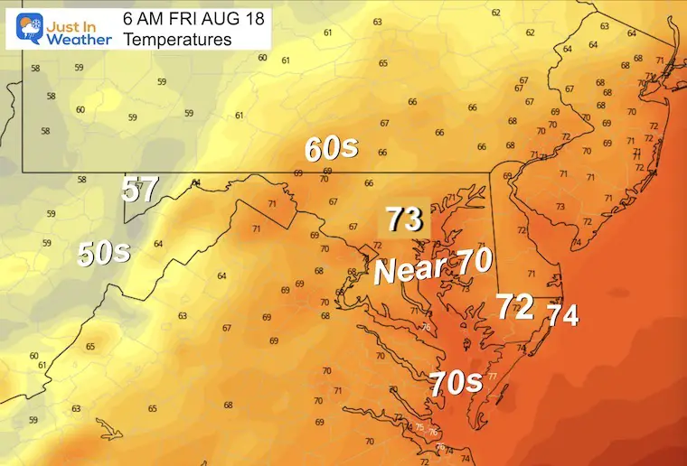 August 17 weather forecast temperatures Friday morning