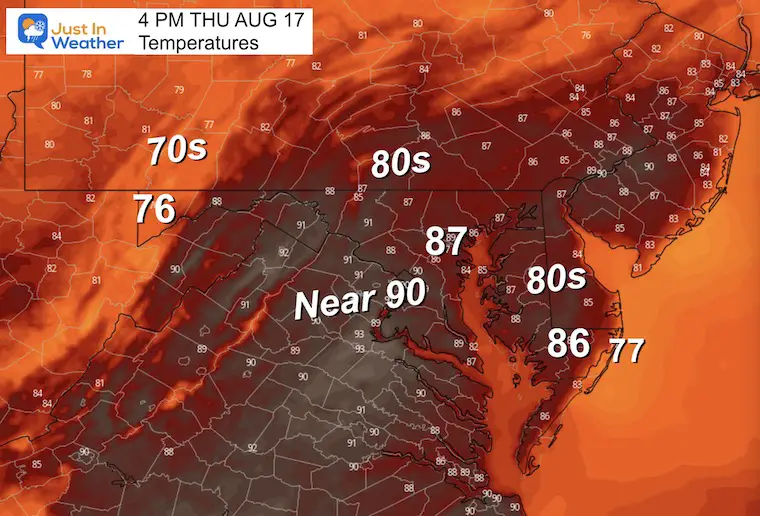 August 17 weather forecast temperatures Thursday afternoon