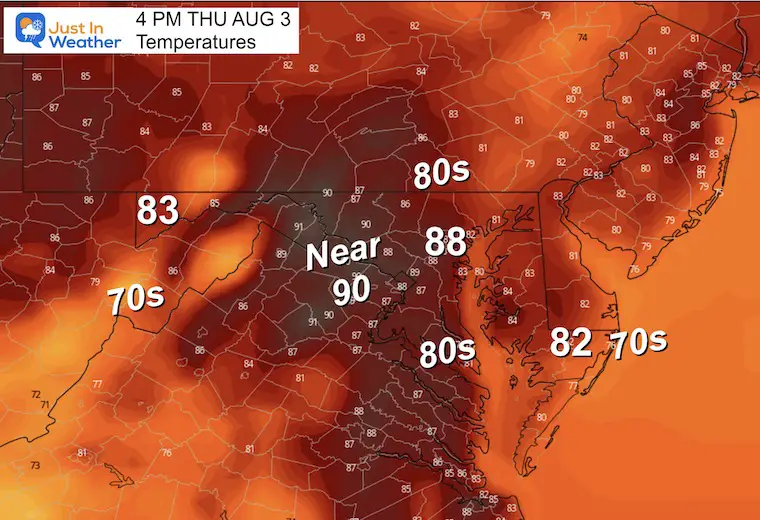 August 2 weather forecast temperatures Thursday afternoon
