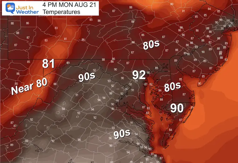 August 20 weather forecast temperatures Monday afternoon