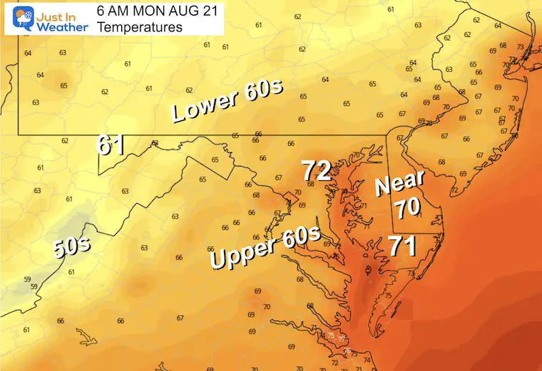 August 20 weather forecast temperatures Monday morning