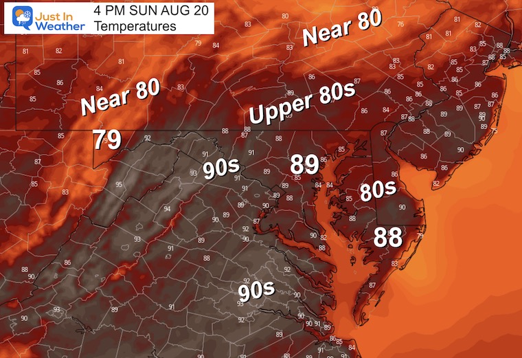 August 20 weather forecast temperatures Sunday afternoon