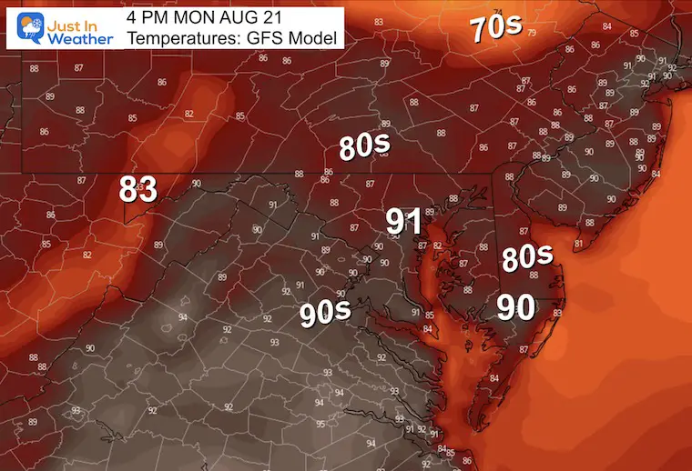 August 21 weather forecast temperatures Monday afternoon GFS