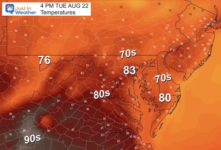 August 21 weather forecast temperatures Tuesday afternoon