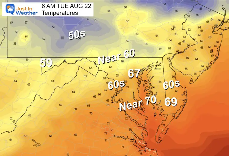 August 21 weather forecast temperatures Tuesday morning