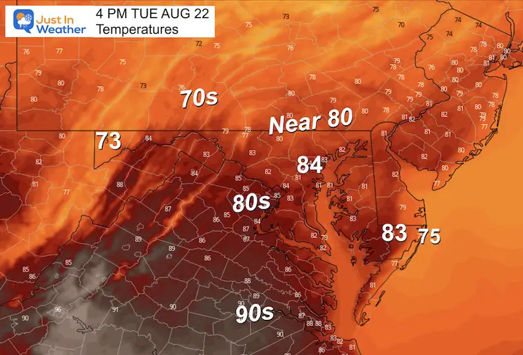 August 22 weather temperatures Tuesday afternoon