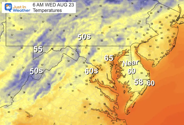 August 22 weather temperatures Wednesday morning