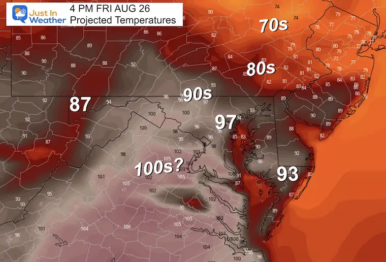 August 23 weather forecast temperatures Friday afternoon