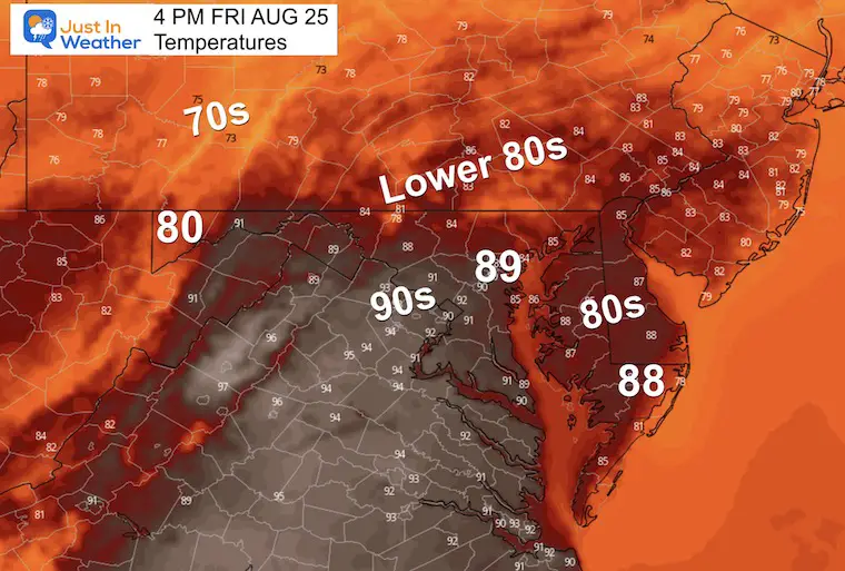 August 24 weather temperatures Friday afternoon