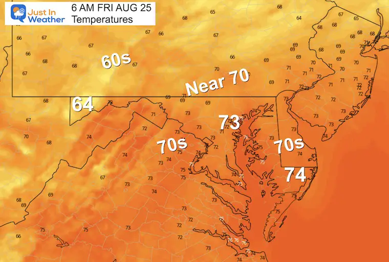 August 24 weather temperatures Friday morning