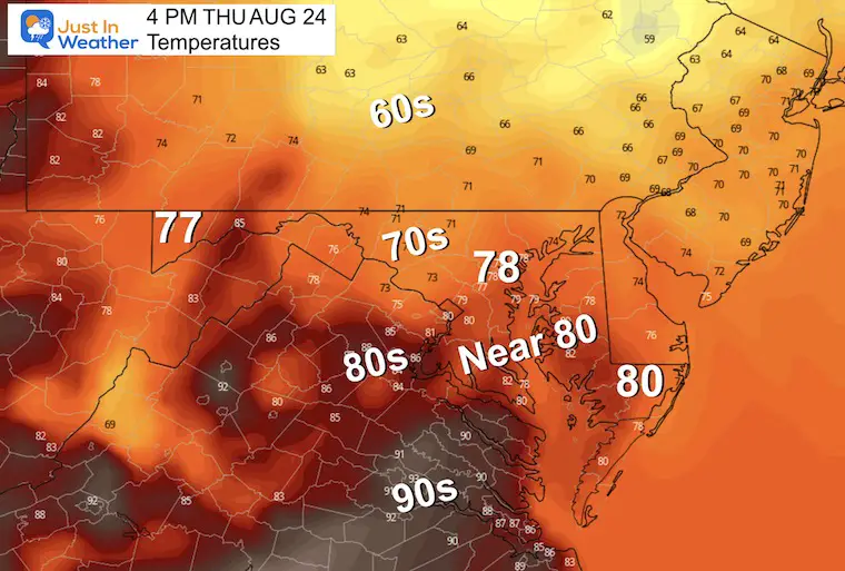 August 24 weather temperatures Thursday afternoon