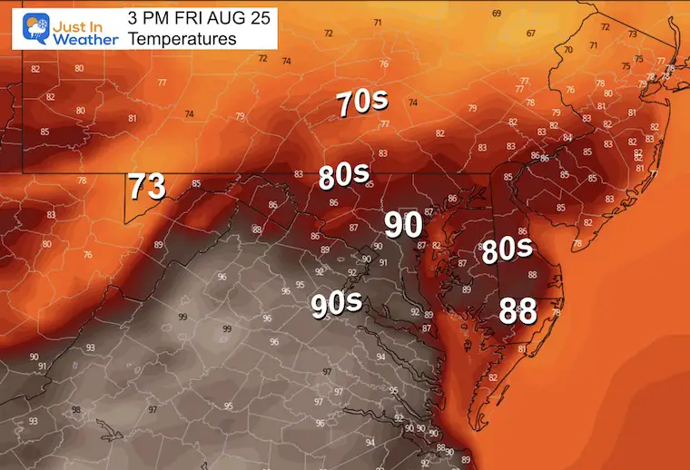 August 25 weather forecast temperatures Friday afternoon